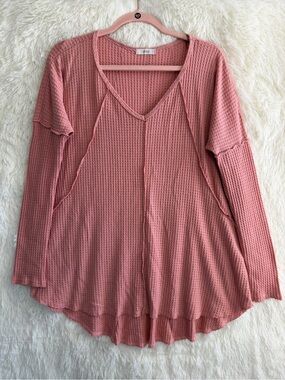 Cherish Womens Boho Indie Sleaze Oversized Waffle Knit Top Size S Pink Raw Hem